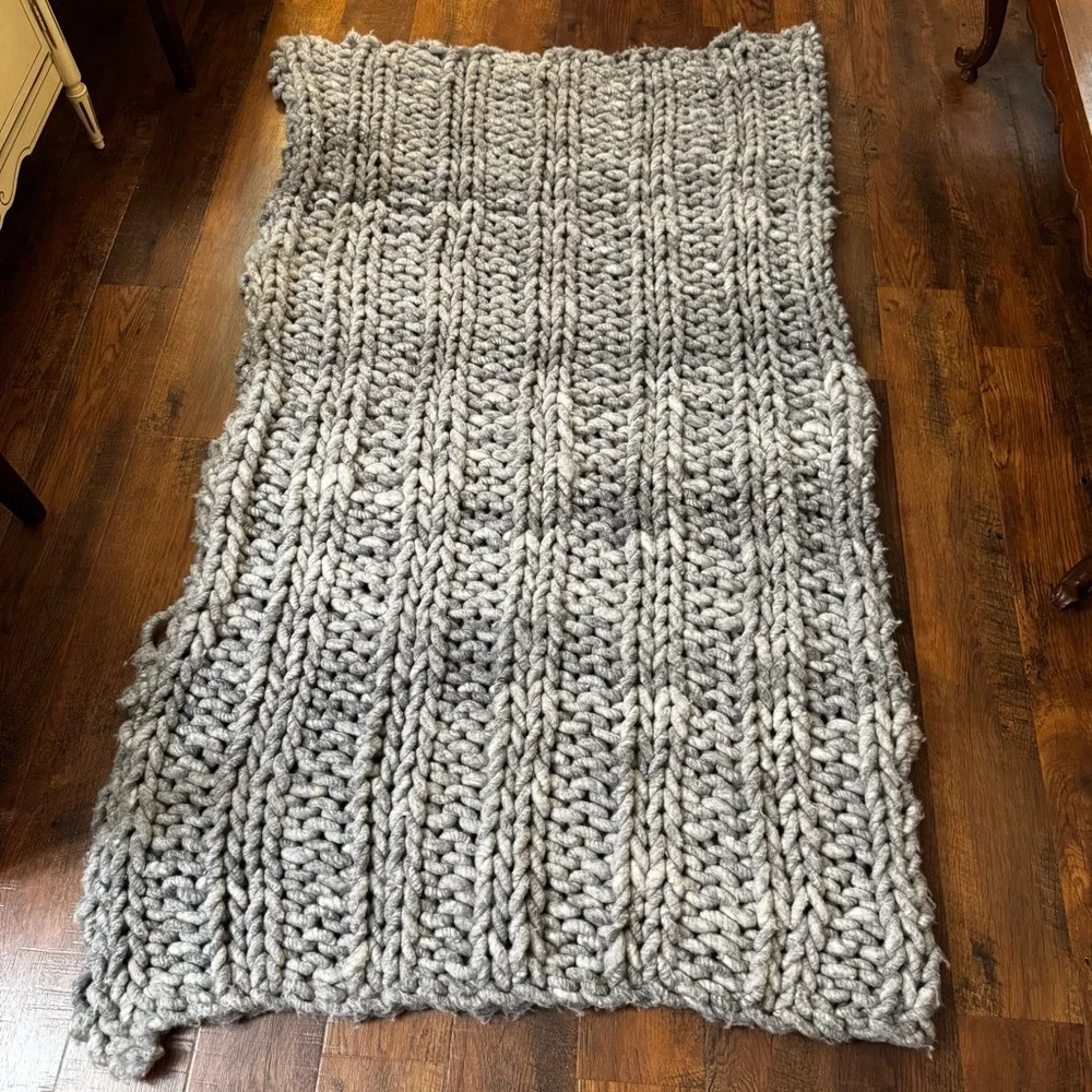Hand knit, Merino wool, shades of grey, large chunky knit throw